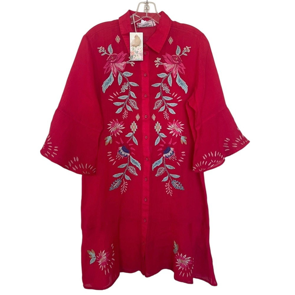 Johnny Was Talulla Tiered Flounce Dress Pink Ramie Embroidered Womens Size Small